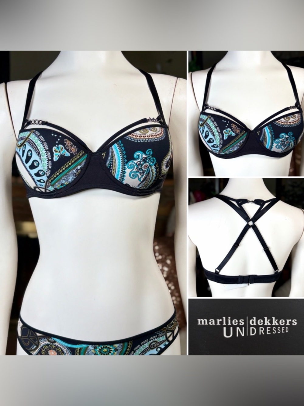 Marlies Dekkars Black Multicolor “Peace” Underwire Cage Bra, Szs 32B 38B 32C